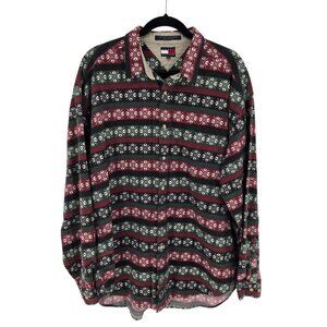 Tommy hilfiger mens size XL red green snow flake fair isle flannel button up vtg